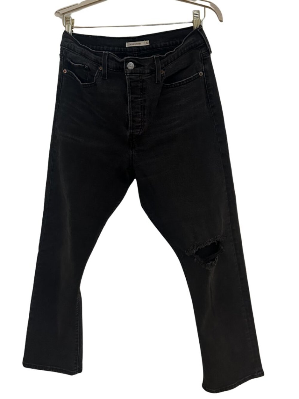 Levi’s Wedgie Straight Black Jeans Cropped Hole Knee